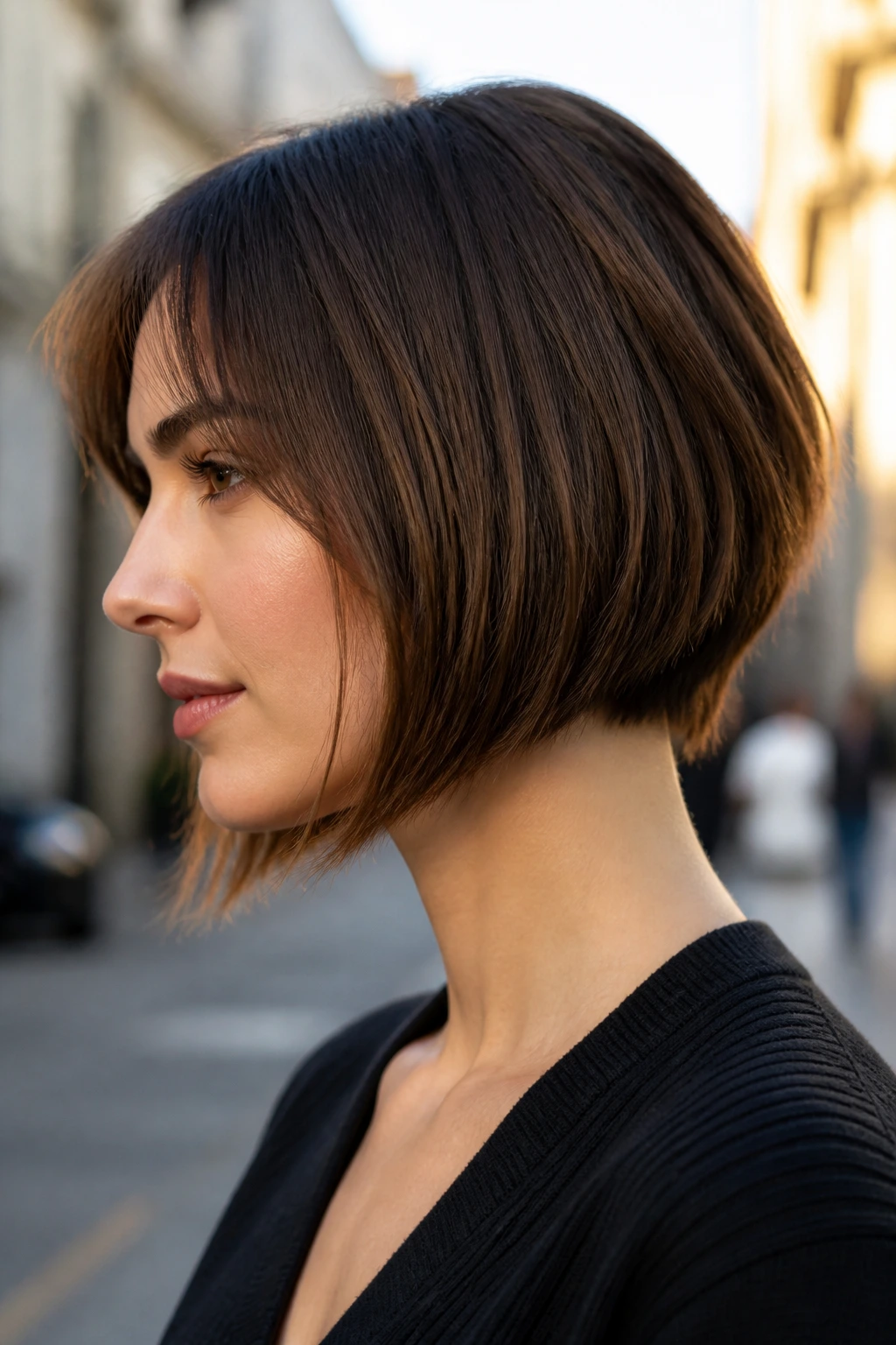 Side-profile of a real woman with an inverted French bob showing the angled silhouette
