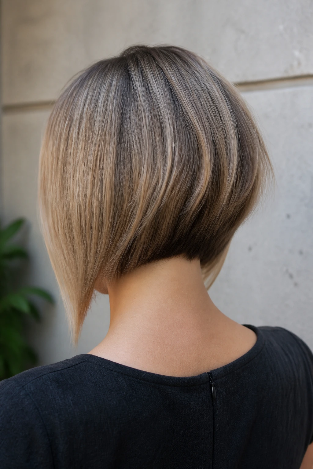 Back view of a real woman with inverted lob showing stacked back and longer front.