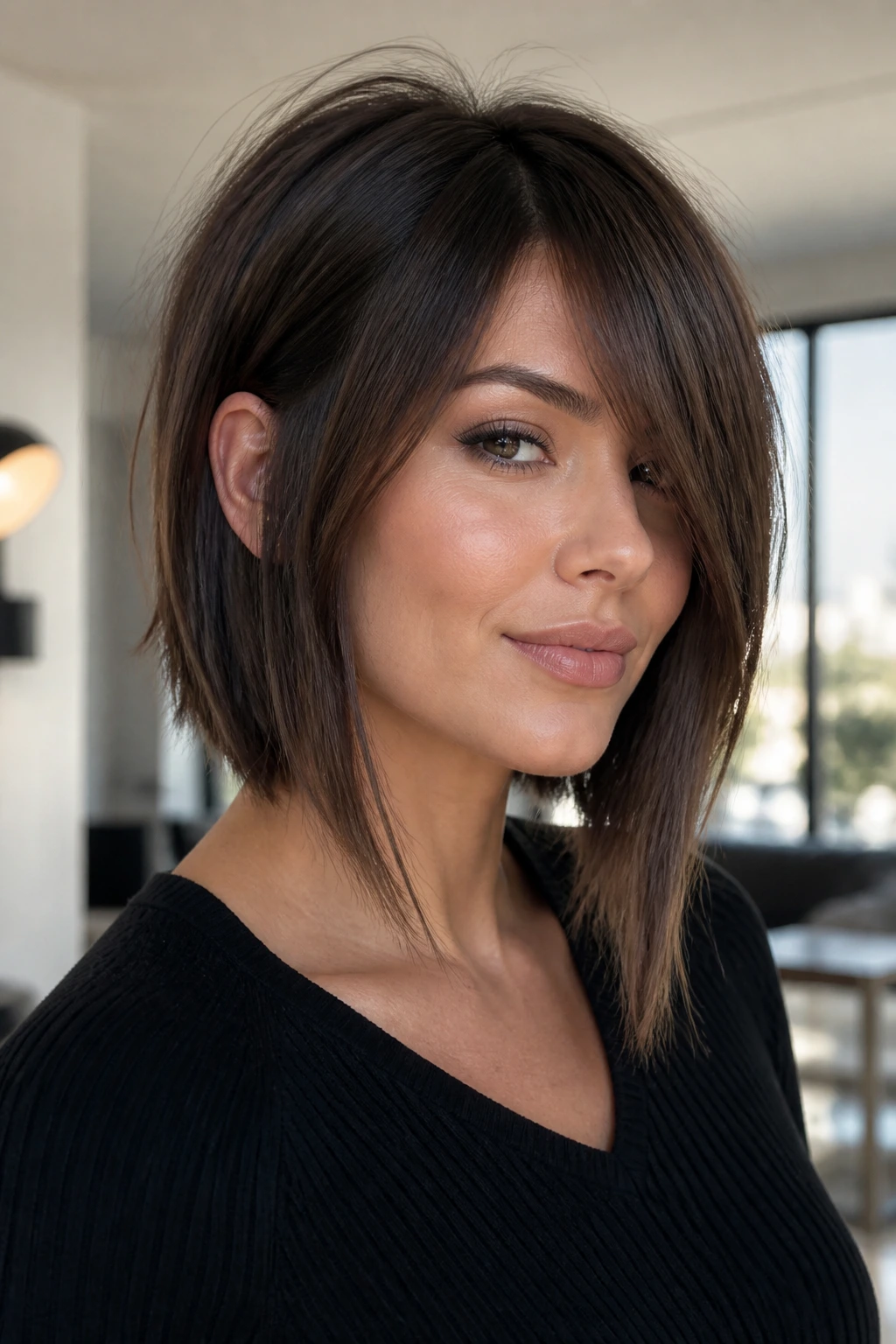 Portrait of a person with inverted lob and cheekbone-grazing fringe in a chic interior