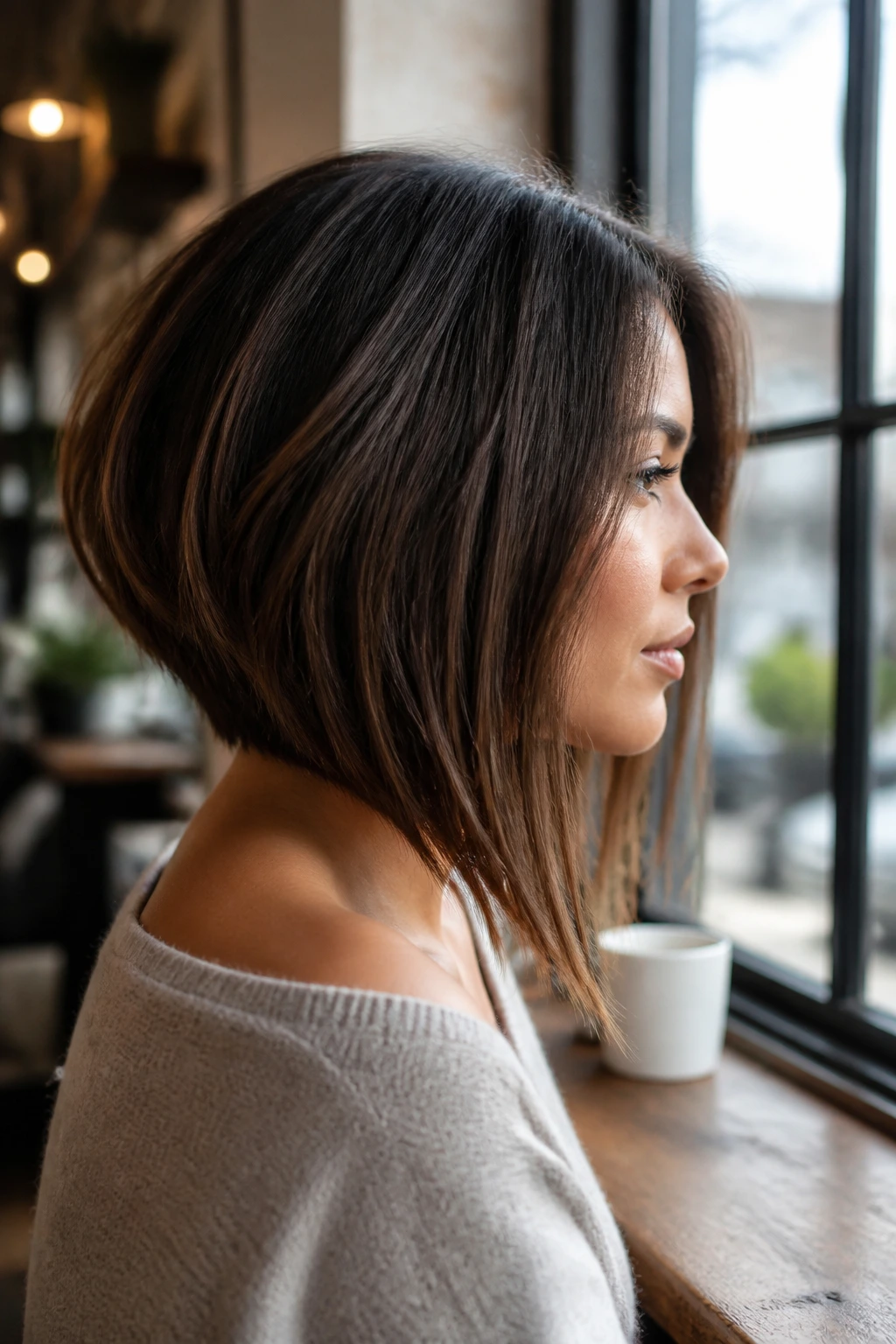 Side-profile of a real woman with inverted lob, shorter back and longer front