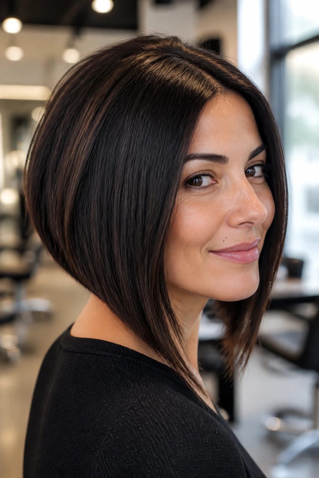 Close-up of a real woman with an inverted lob hairstyle in a modern studio