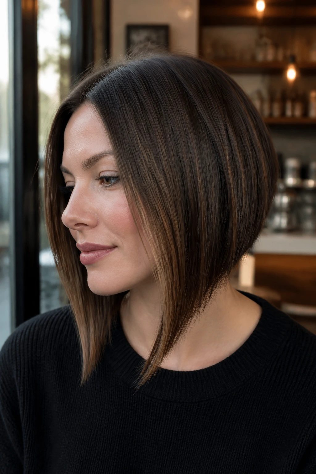Portrait of a real woman with an inverted lob hairstyle in a cafe light setting