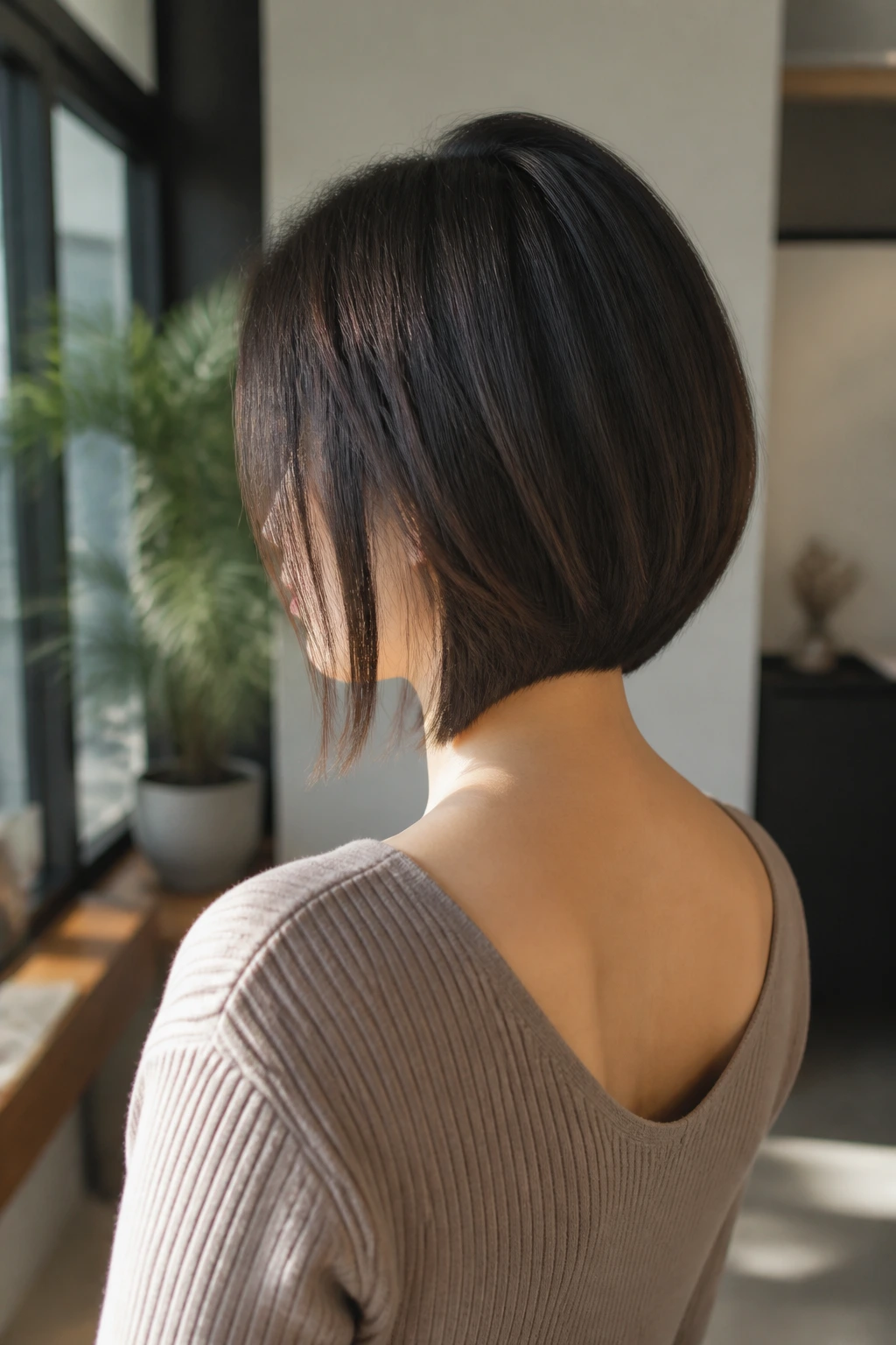 Back view of a woman with an inverted lob lifting the nape