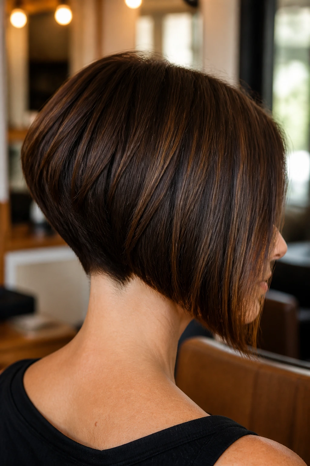 Real woman with inverted lob showing short nape and longer front in warm salon light