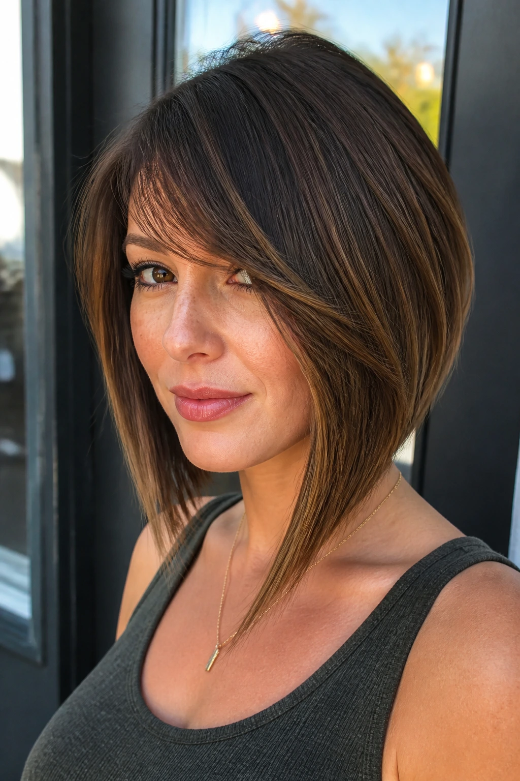 Woman with inverted lob and sweeping fringe in natural light.