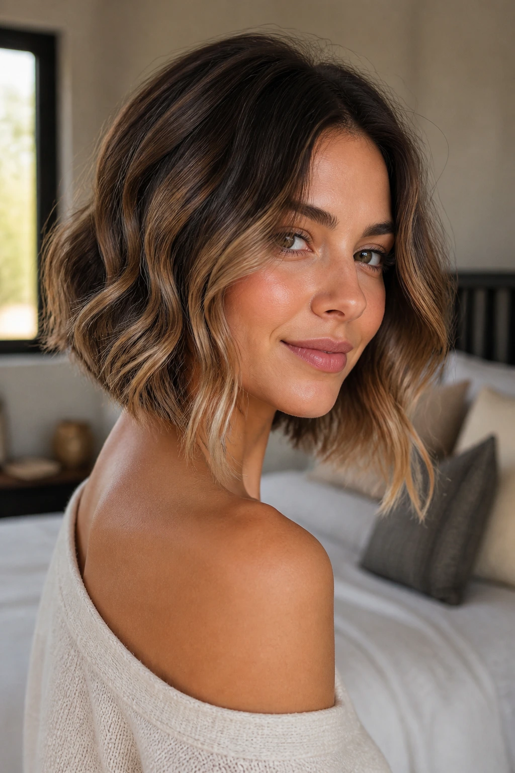 Close-up of a real woman with an inverted lob, showing back lift and longer front with soft waves