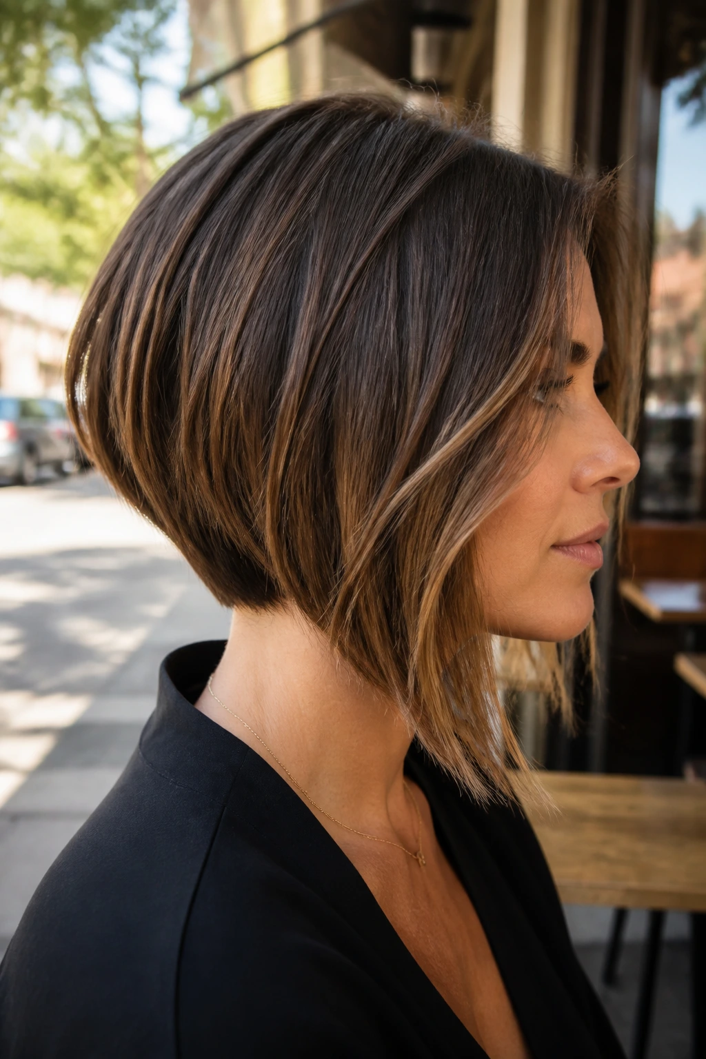 Side-profile of a real woman with an inverted Lob showing stacked back and longer front