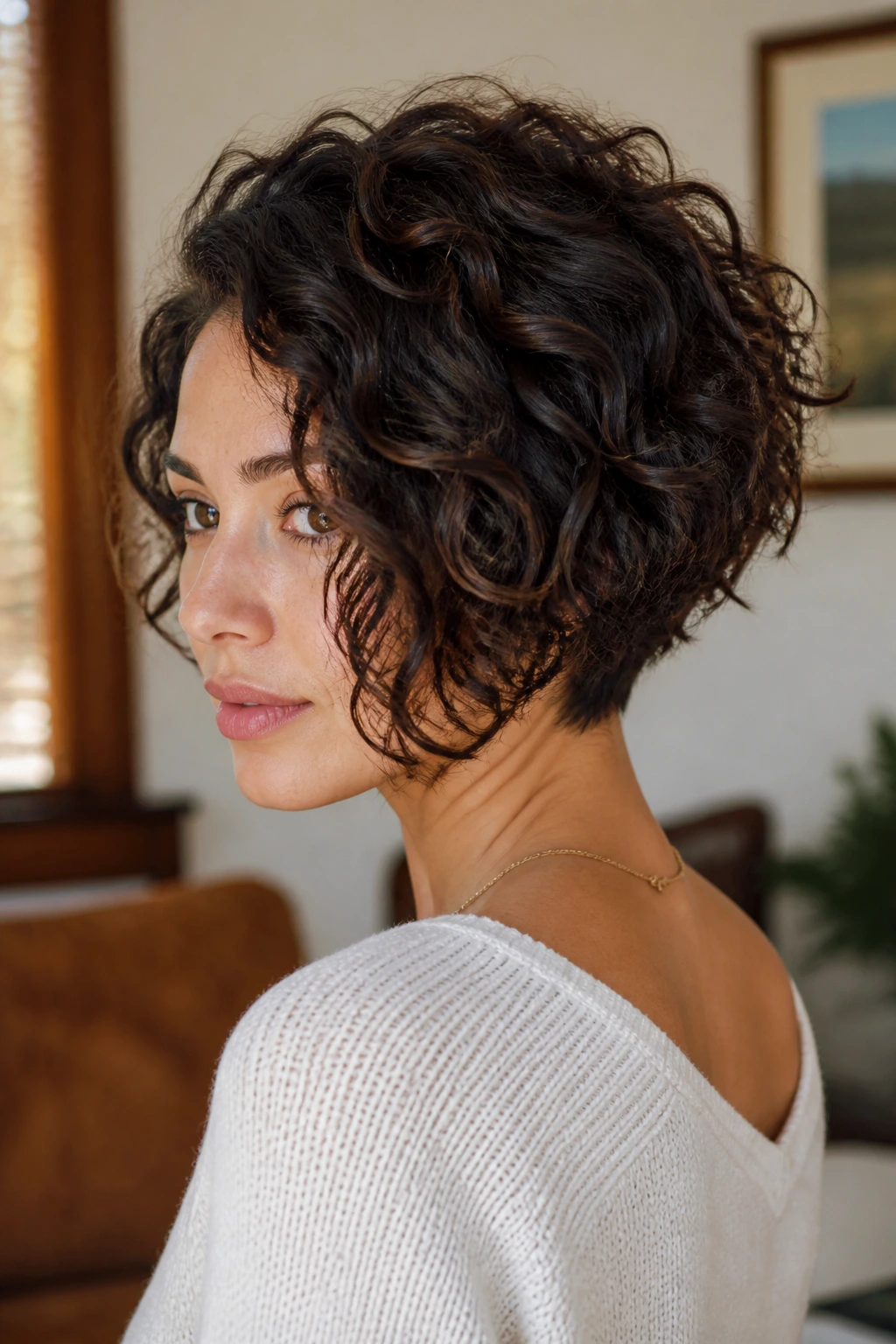 Close-up of a woman with inverted lob and tucked nape in warm indoor light