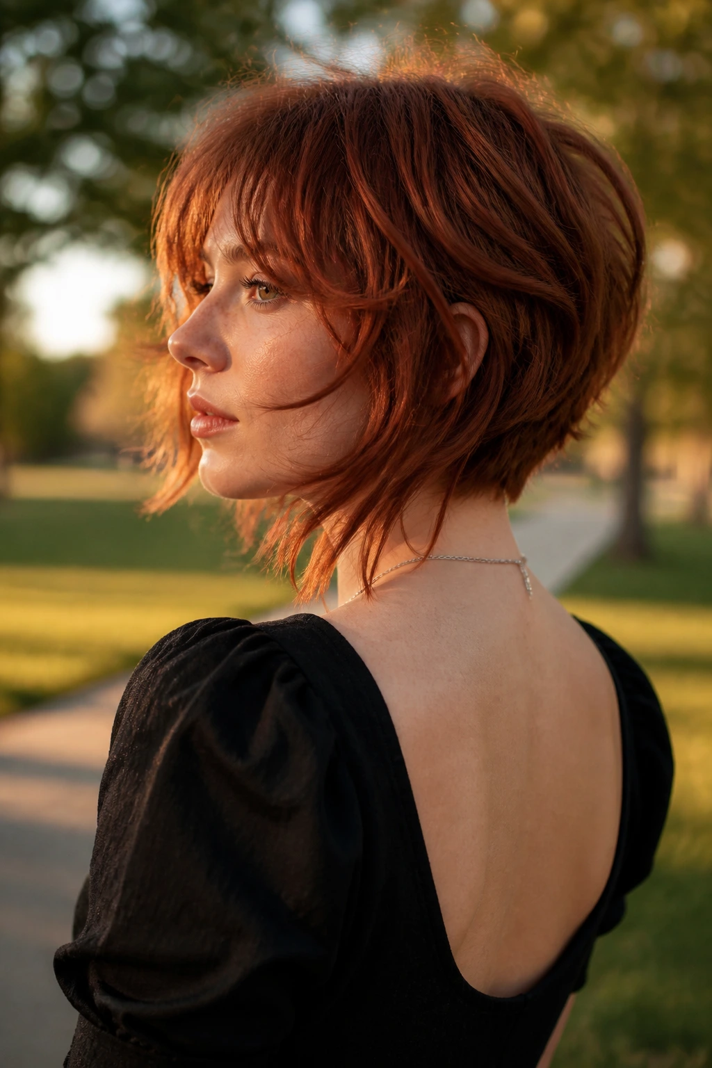 Portrait of a real woman with inverted red shag showing shorter back and soft front pieces