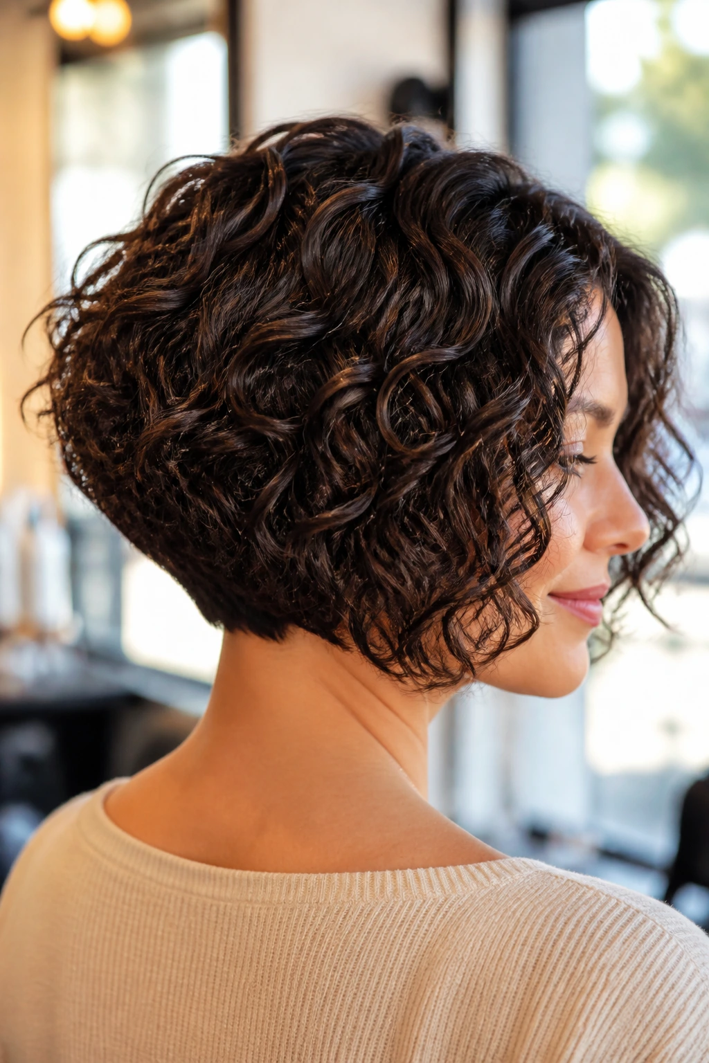 Close-up portrait of a real woman with an inverted rounded bob and curly hair