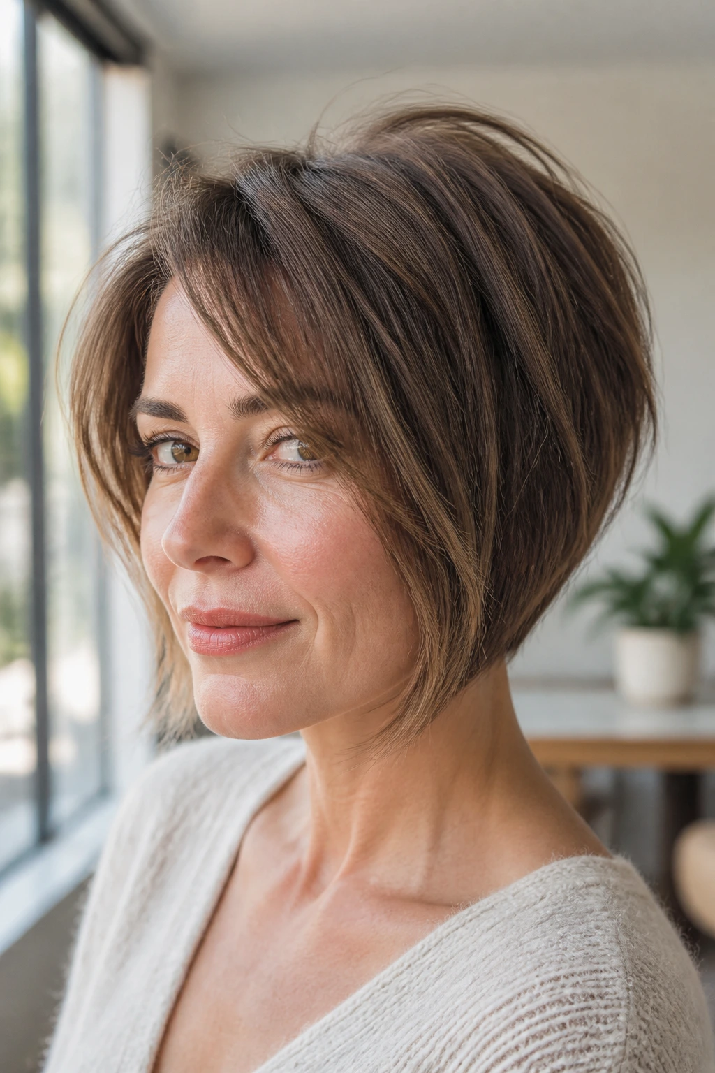 Close-up of a real woman with an inverted shag bob showing back lift and forward-swept front pieces.
