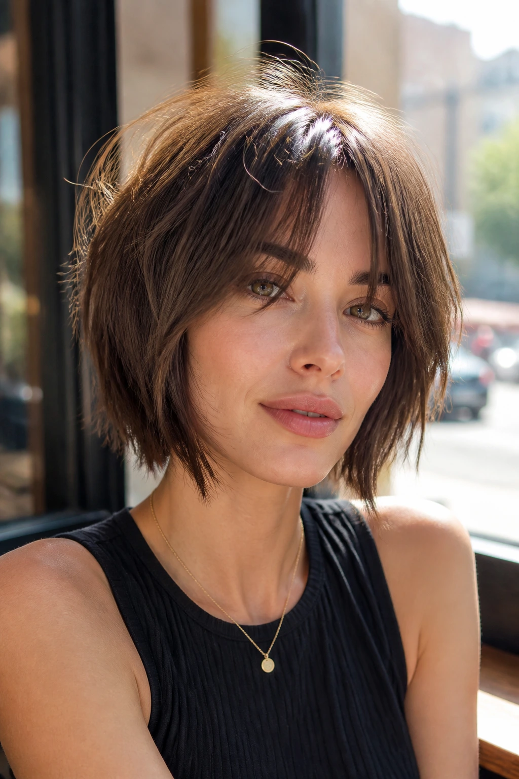 Close-up of real woman with inverted shag bob and curtain bangs at cafe