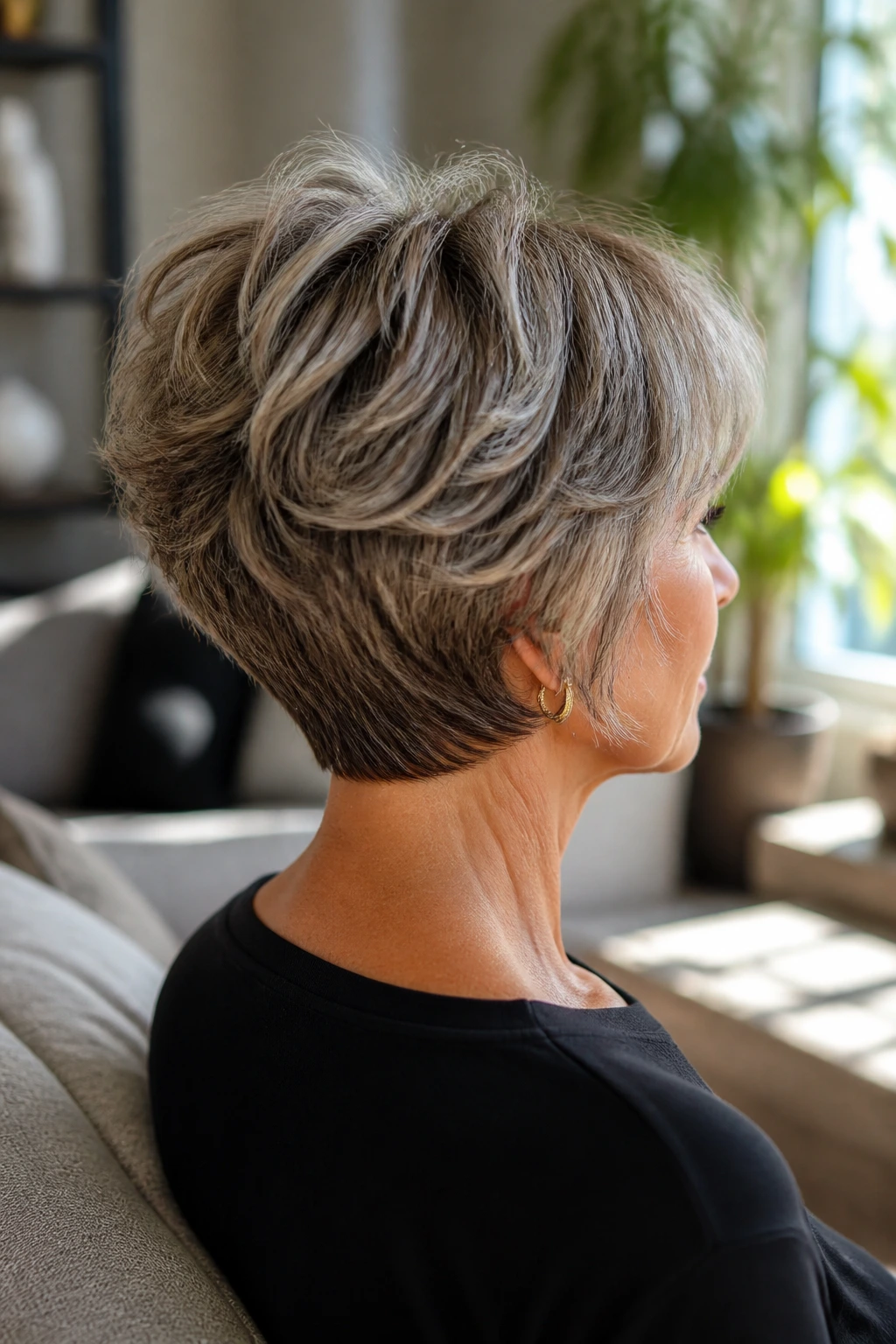 Three-quarter rear portrait of an older woman with inverted shag bob