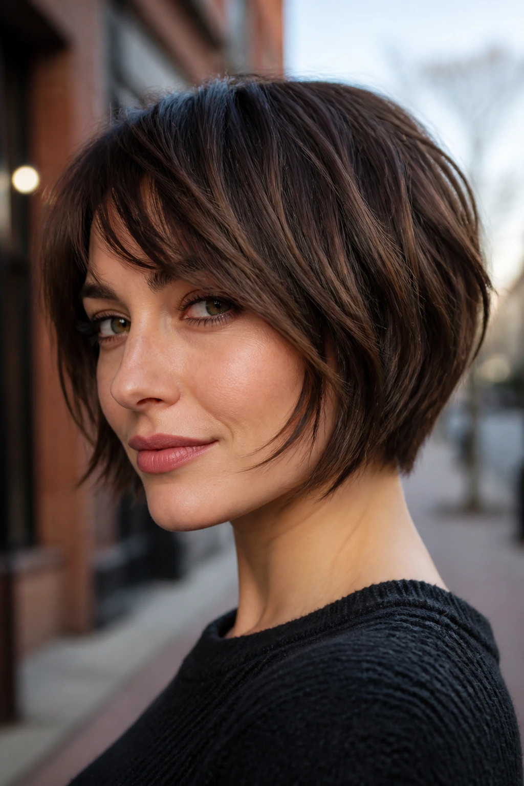 Real person with inverted shag bob and cheekbone bangs in urban daylight.
