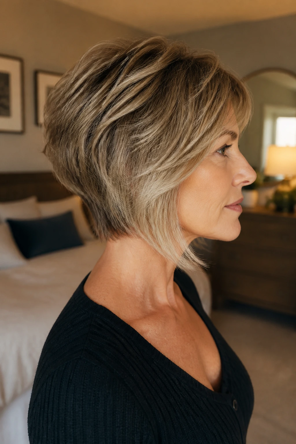 Profile shot of a woman with a soft inverted shag showing back-shortened and front-longer layers