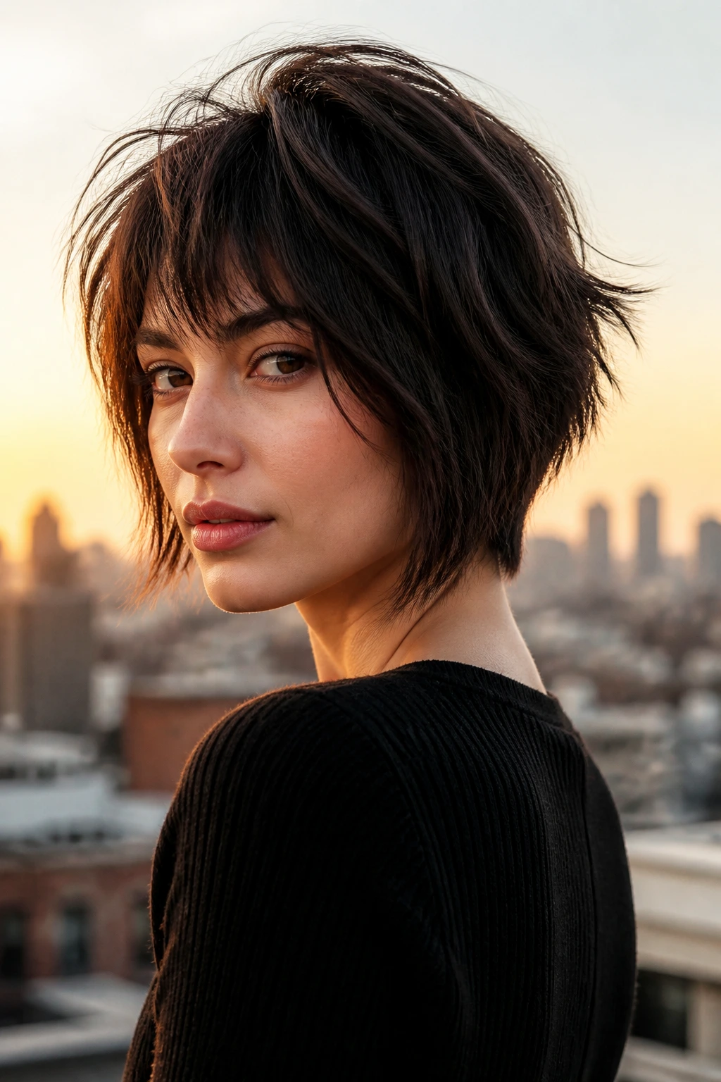 Three-quarter portrait of a real person with inverted shag hairstyle