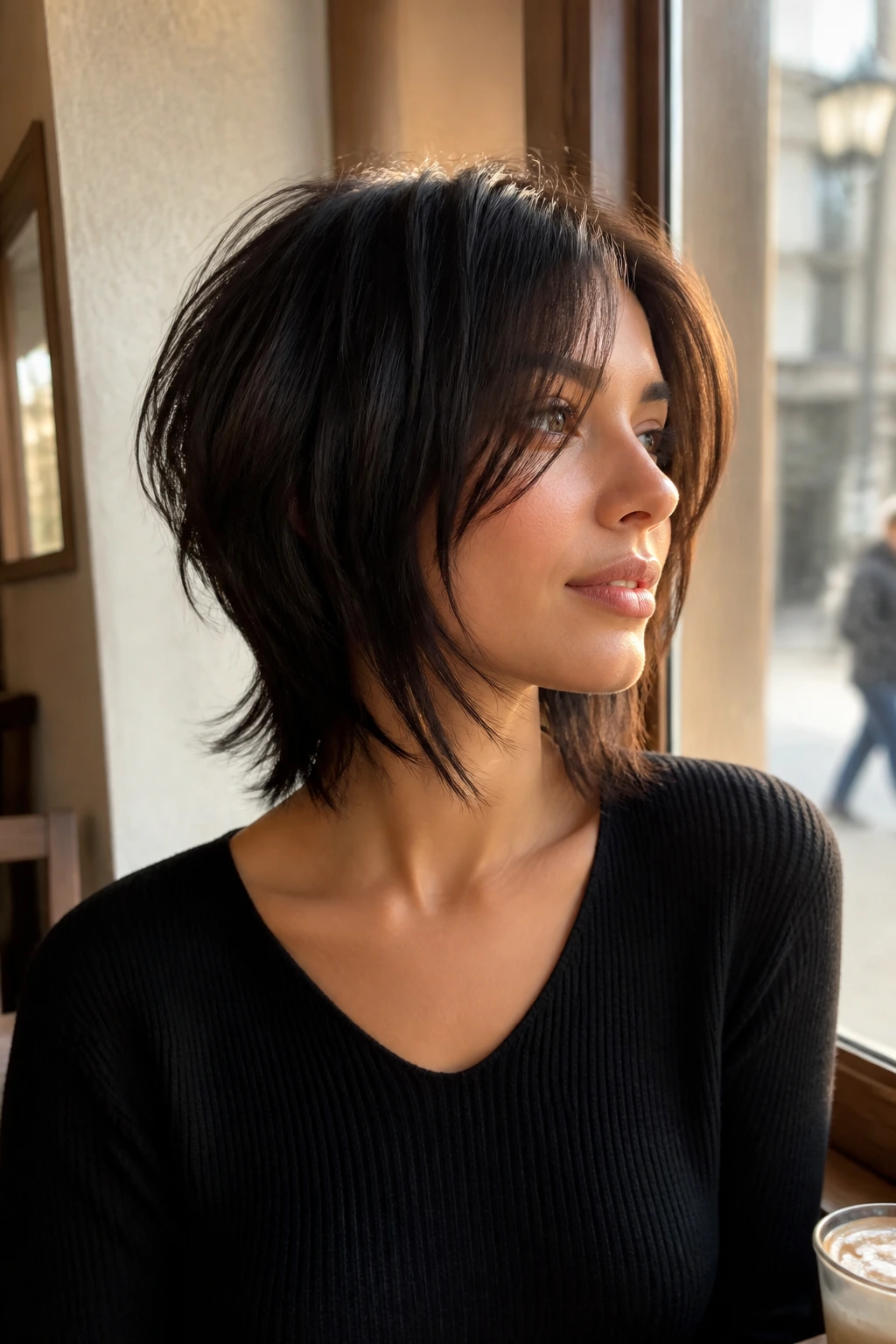 Three-quarter portrait of a real person with inverted shag showing short back and long front