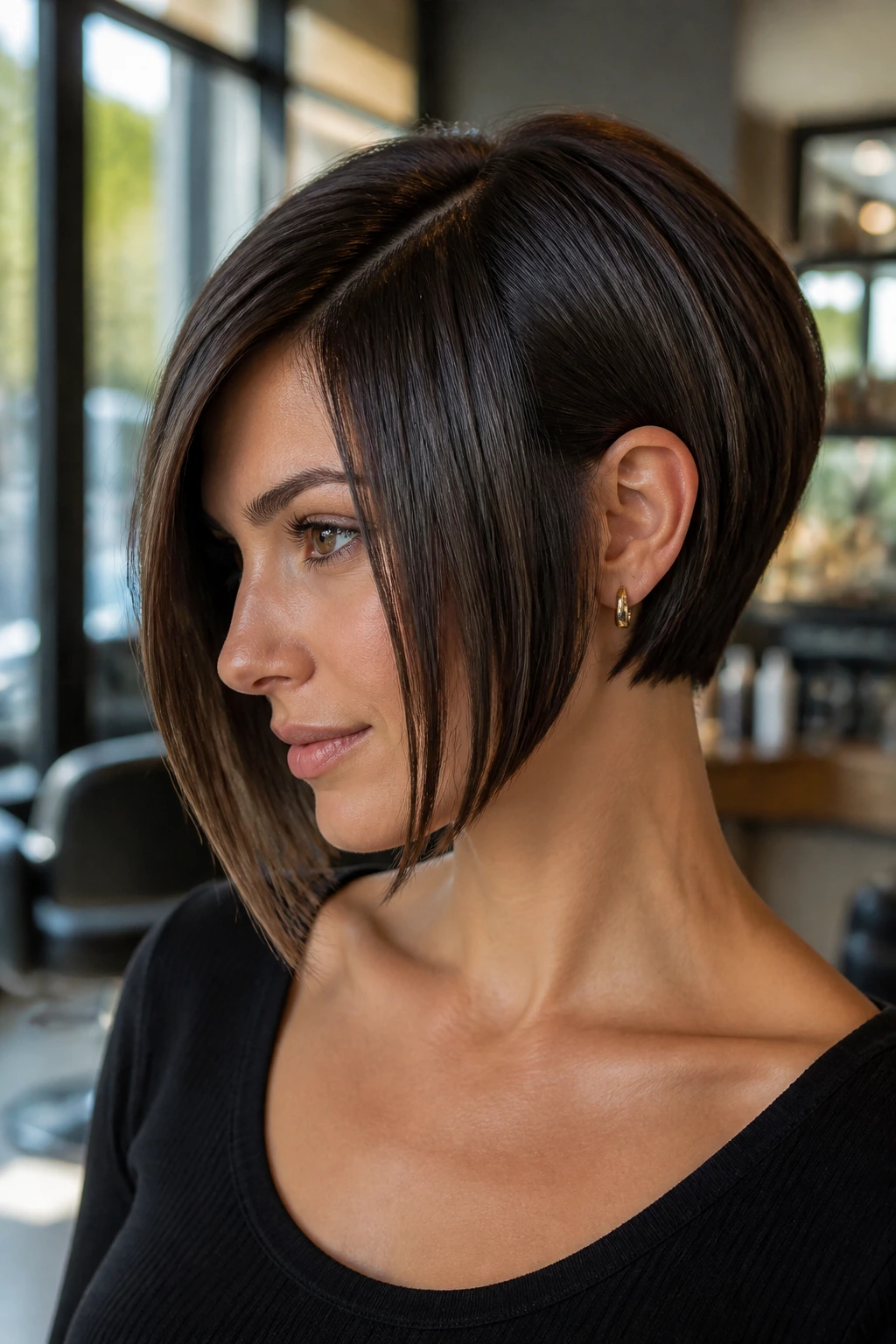 Close-up portrait of a real woman with an inverted stacked bob and strong front line in a sunlit salon