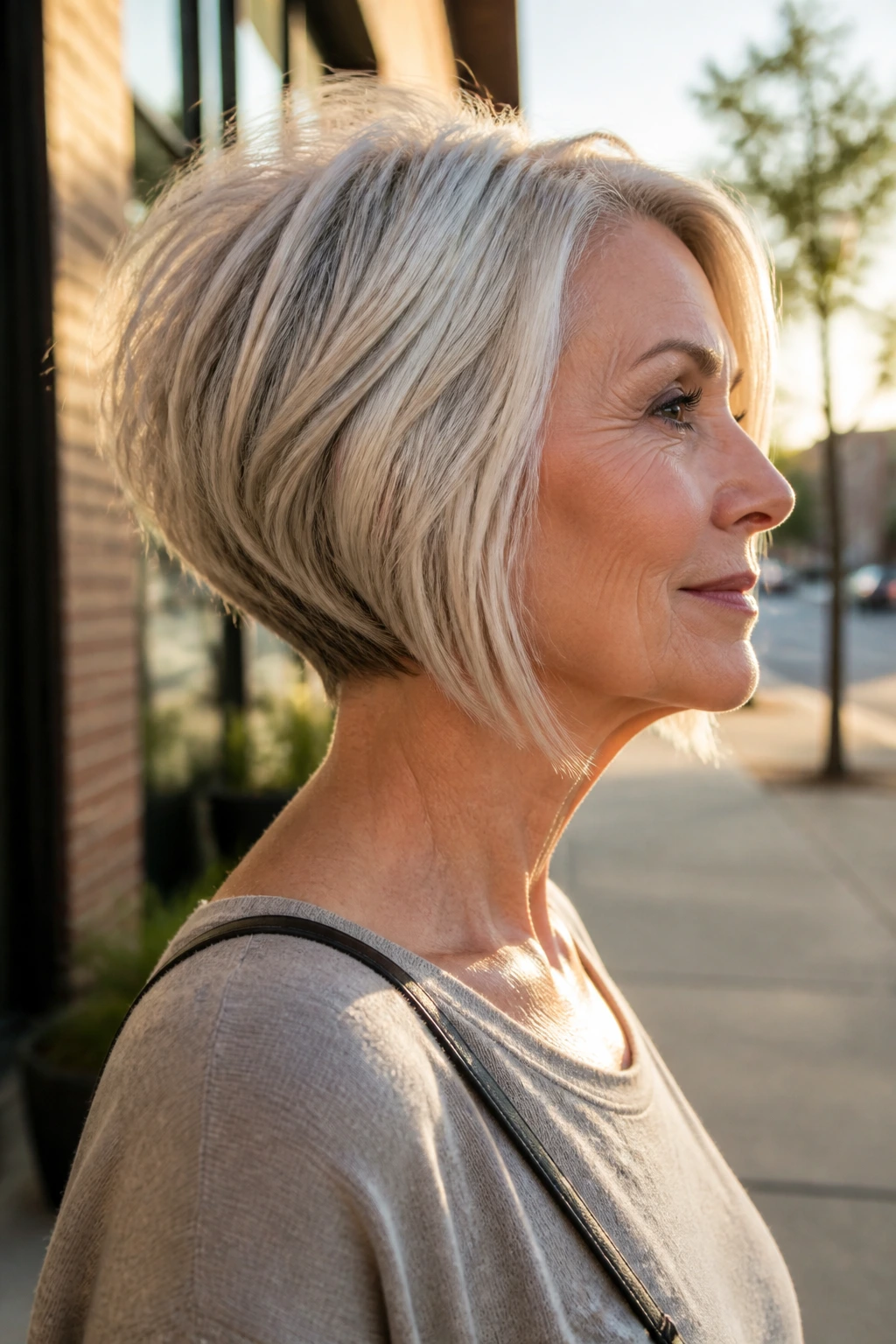 Side-profile of a woman with an inverted volume bob and lifted crown