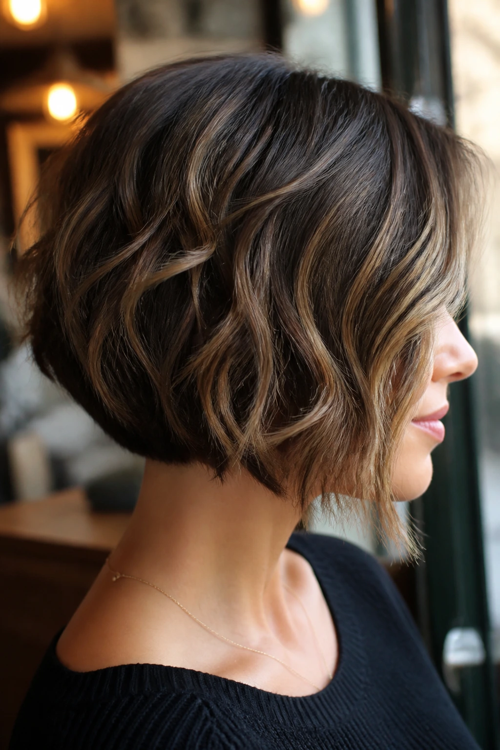 Close-up portrait of a real woman with inverted waves and a tucked-in nape