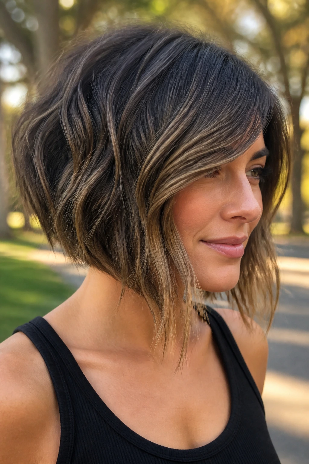 Close-up of a real woman with inverted wavy bob and side-swept fringe