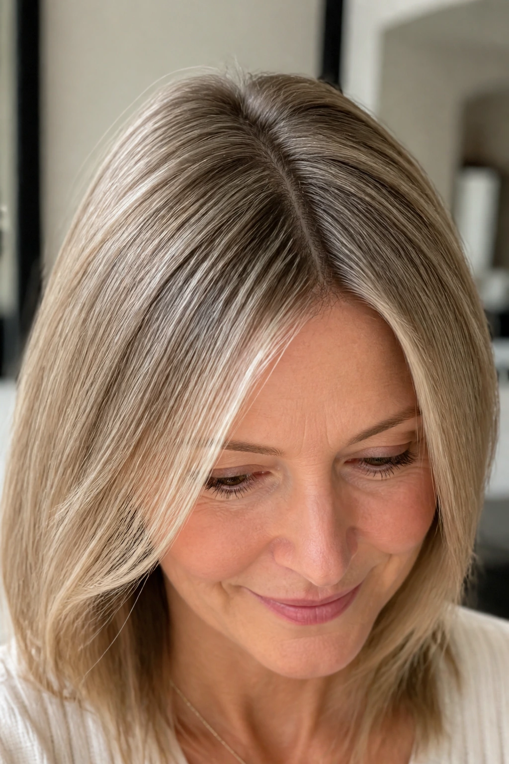 Close-up of a real woman with fine hair showing subtle invisible babylights at crown and part