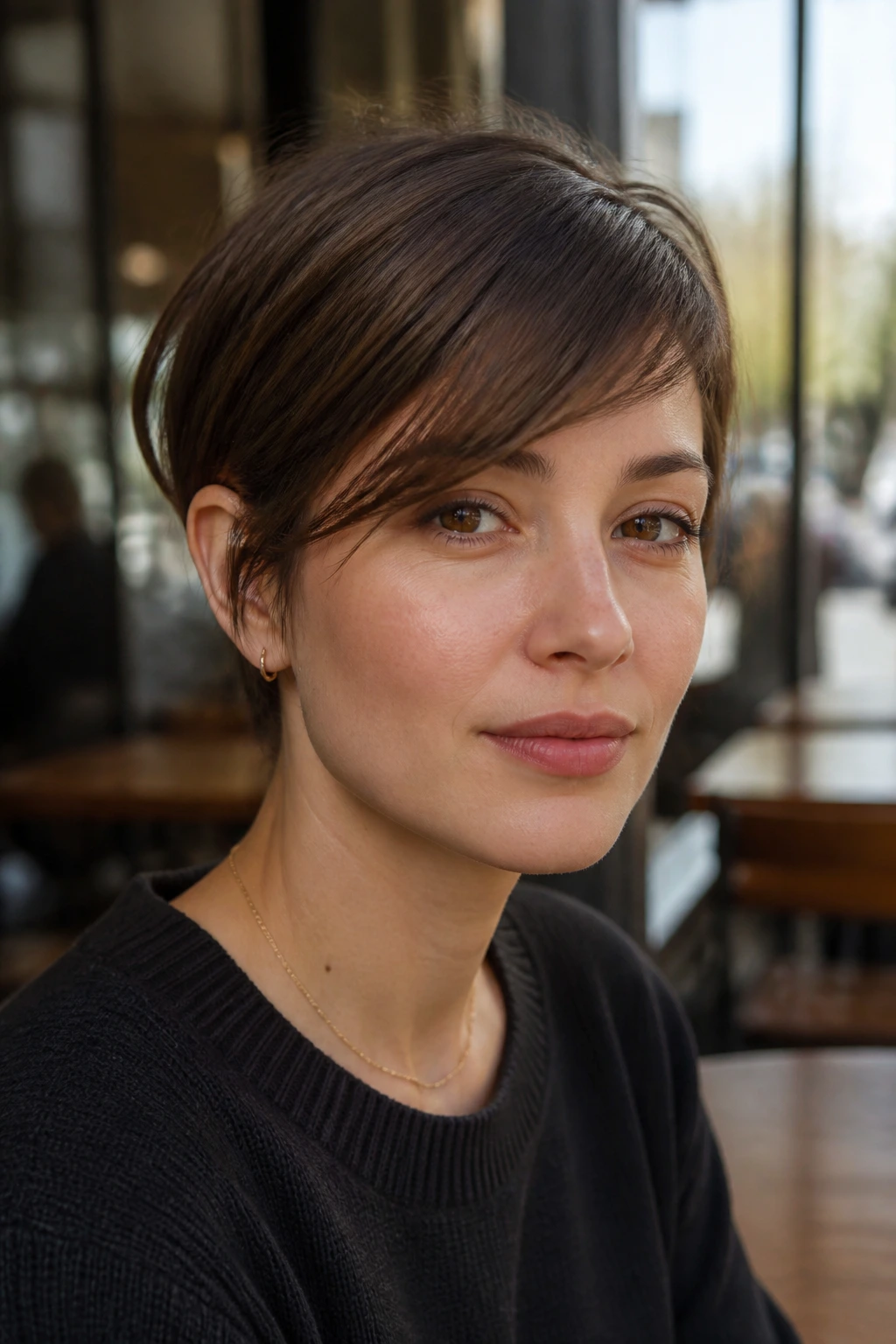 Close-up of a real person with bangs blending into front layers, minimal visible fringe.