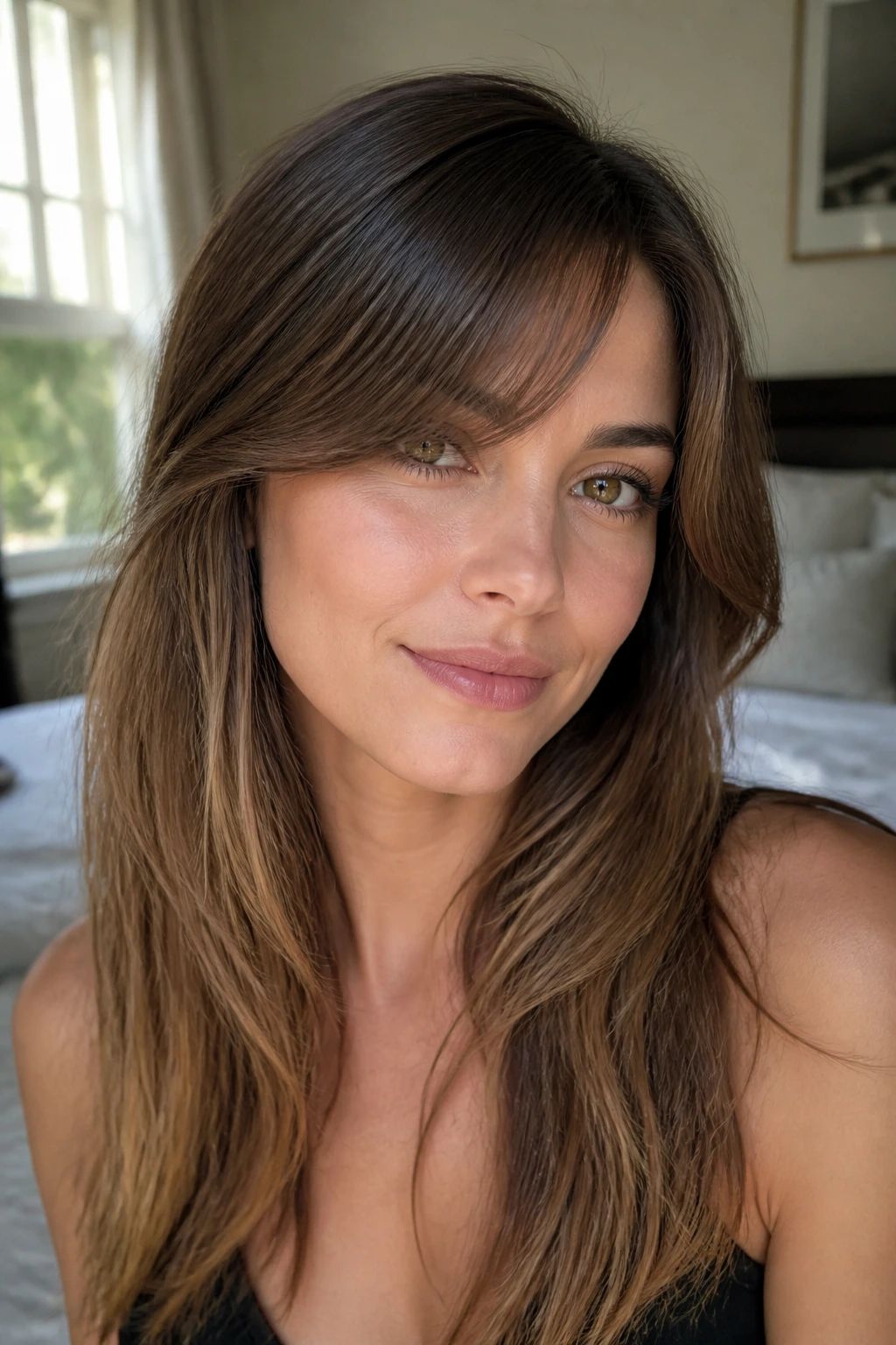 Close-up of a woman with invisible side bangs and soft bend