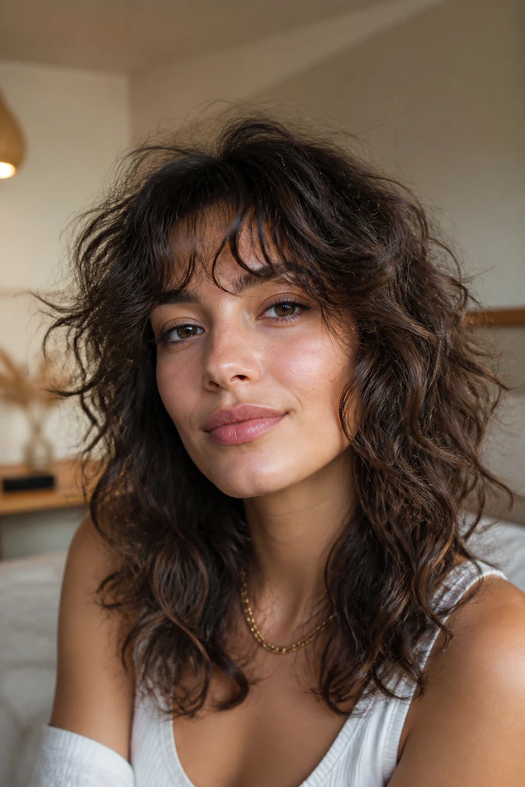 Close-up of a real person with invisible-bang wolf hairstyle blending front layers