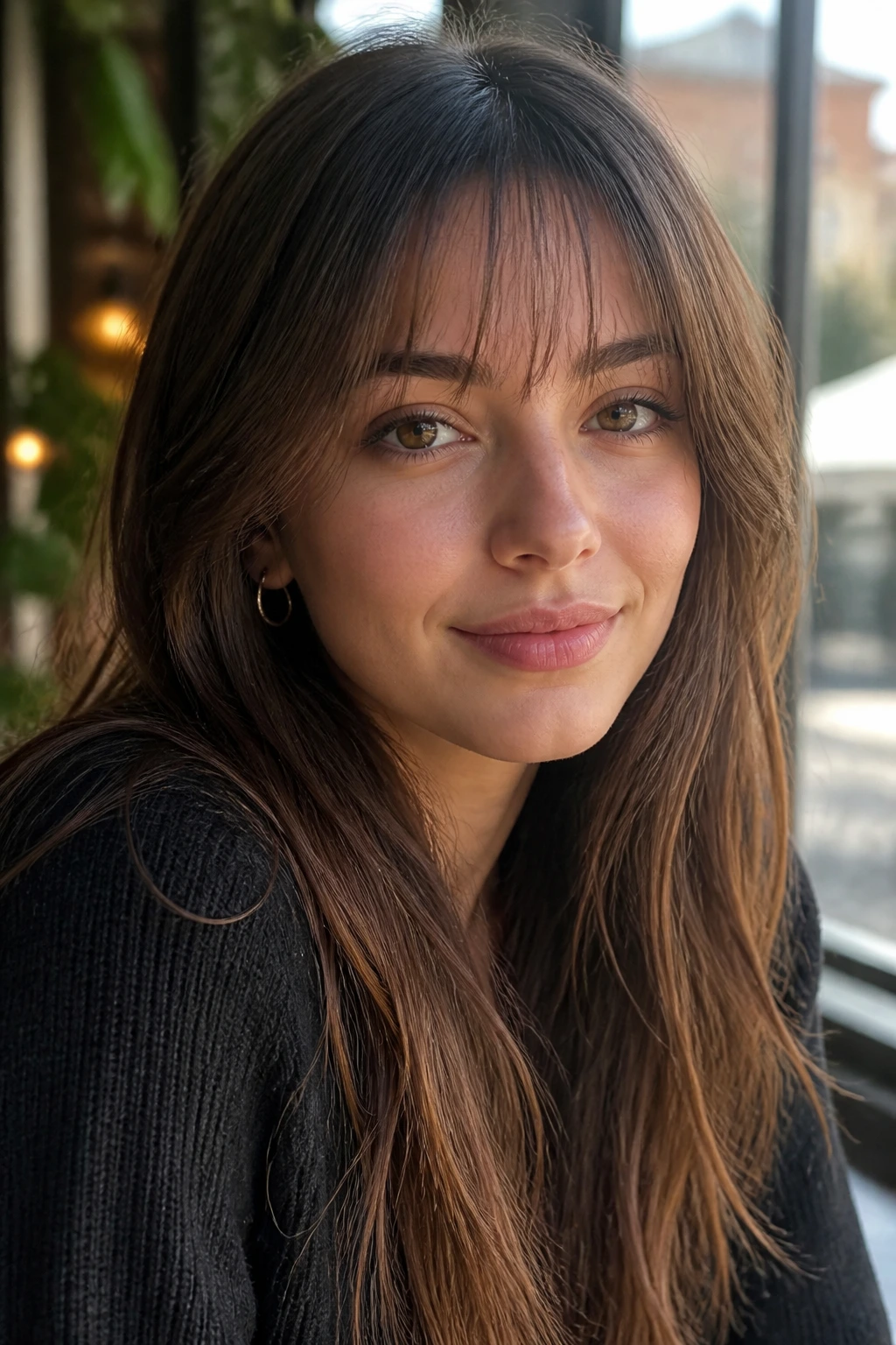 Close-up of a real person with barely-there brow-skimming fringe at brow level in bright setting