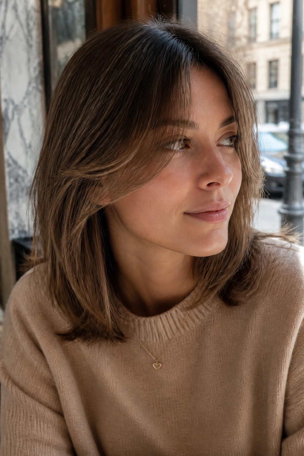 Close-up of a real woman with invisible layer curtain bangs blending into side layers