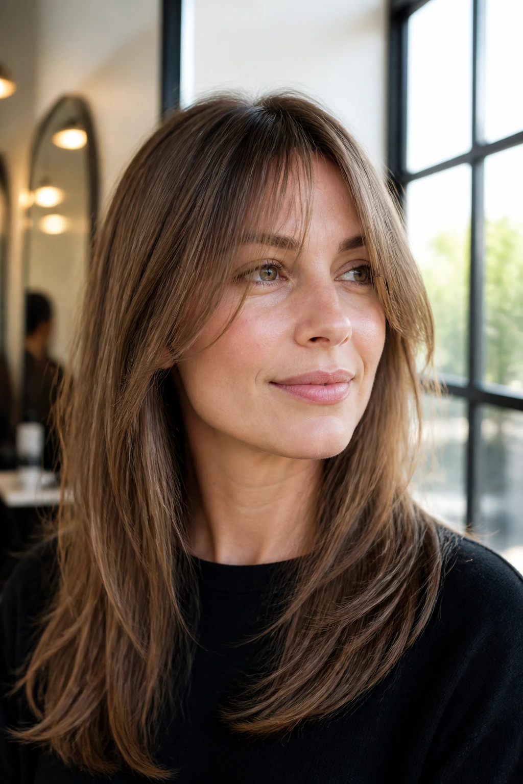 Close-up of a woman with an invisible fringe blending into layered hair in a bright salon