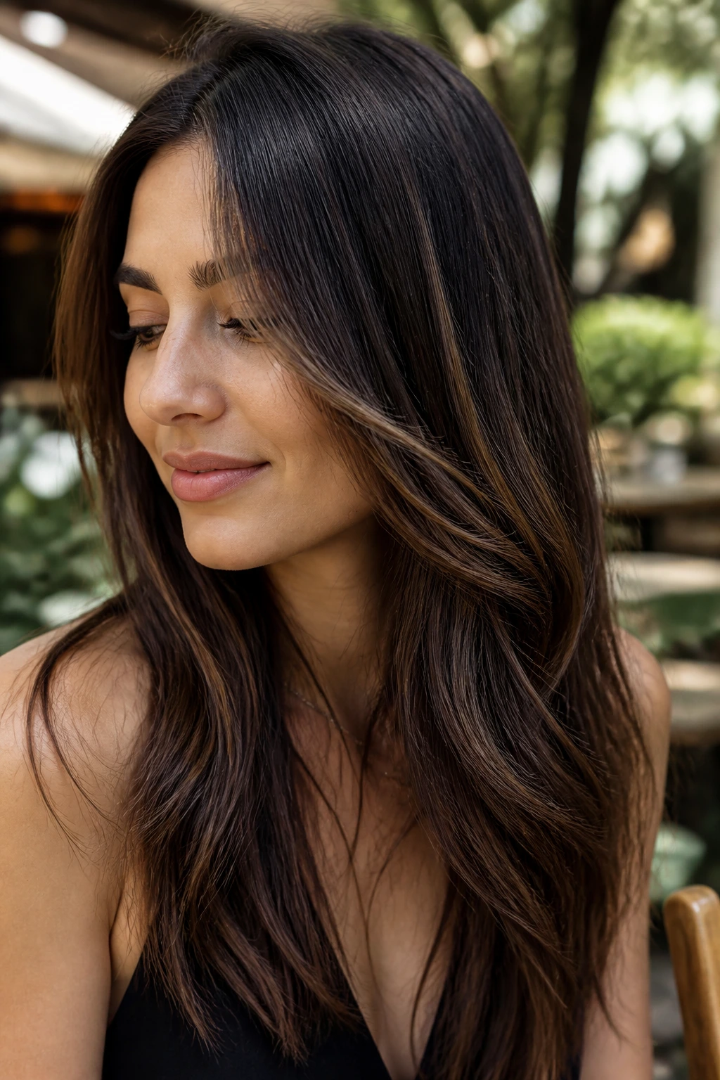 Close-up of natural brunette with subtle invisible highlights in soft light.