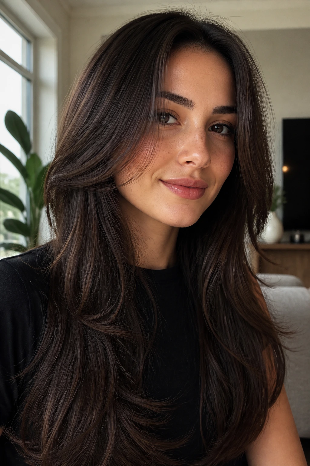 Close-up portrait of a real woman with invisible interior layers framing the face