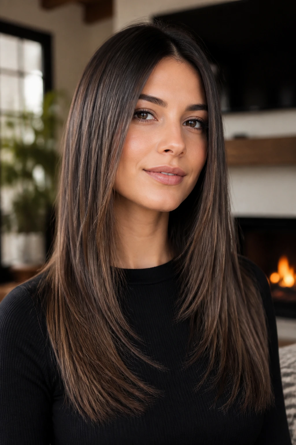 Portrait of a real woman with pin-straight hair showing invisible internal layers.