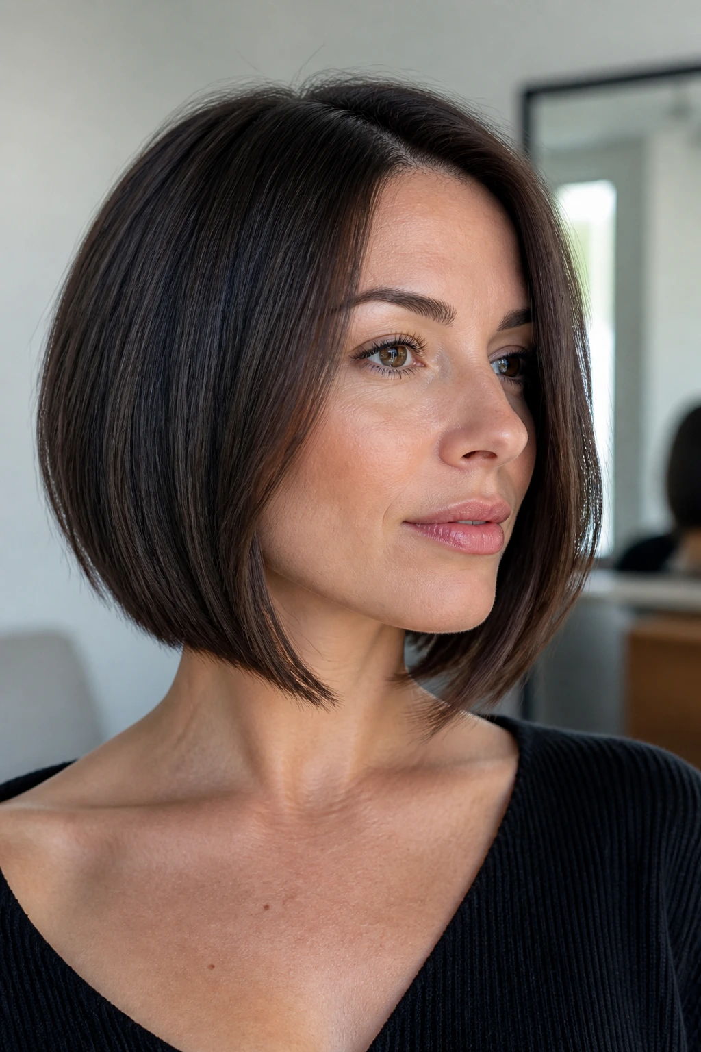 Portrait of a real woman in an invisible-layer A-Line bob with inner texture