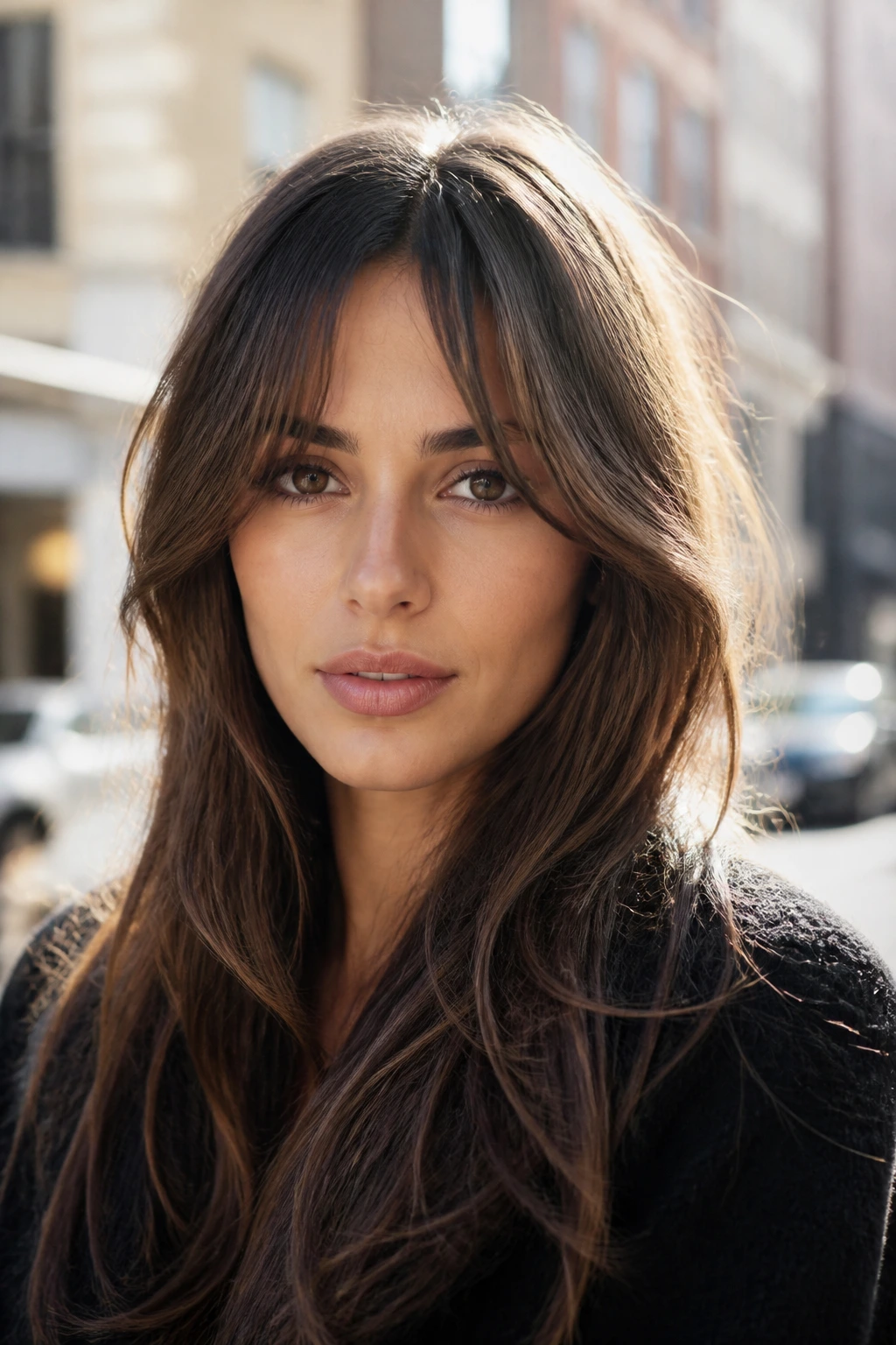 Close-up of a woman with invisible layer bangs blending into layered hair