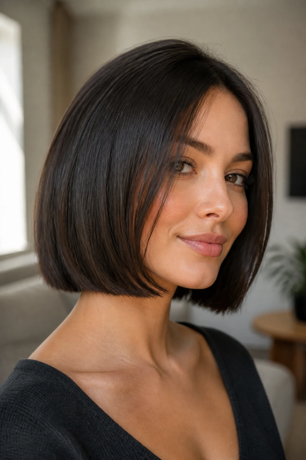 Close-up of a real woman with an invisible-layer blunt bob