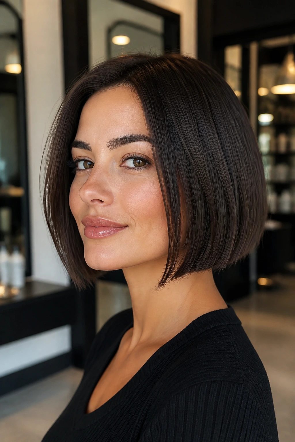 Real woman with a blunt bob featuring subtle internal layers in a stylish salon setting.