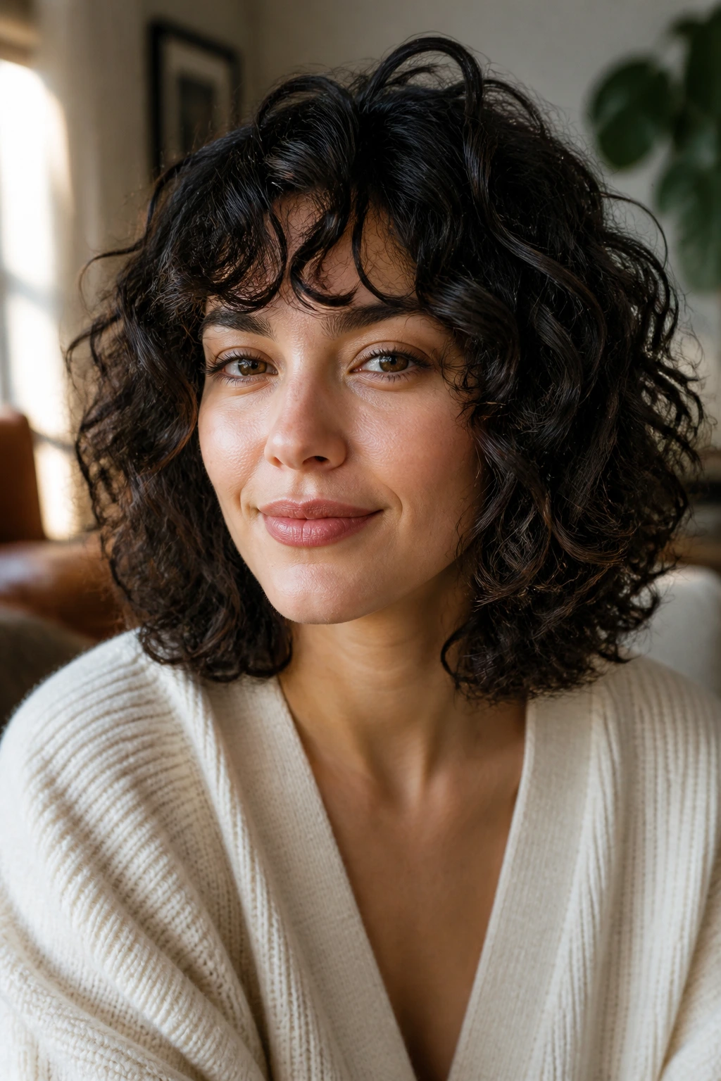 Close-up portrait of a real woman with an invisible-layer curly bob at shoulder length in warm window light.