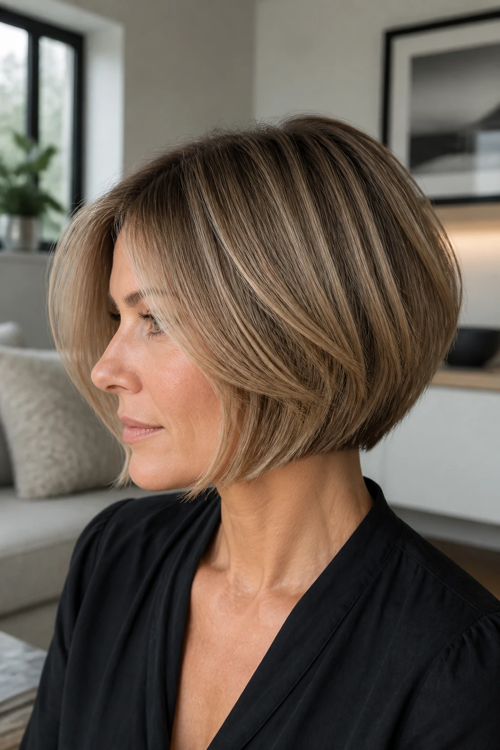Real woman with invisible-layer bob showing interior texture
