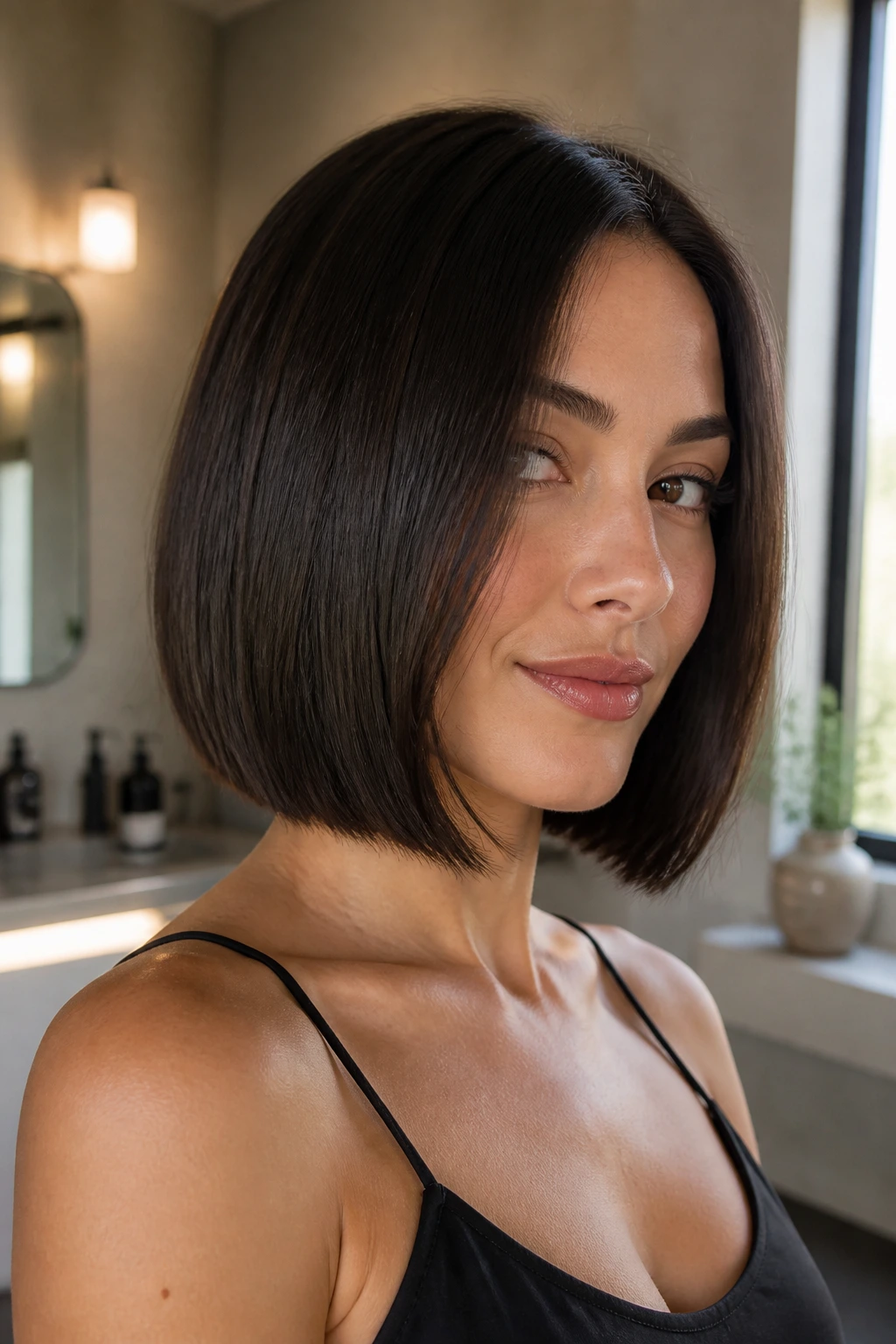 Close-up of a real woman with an invisible-layer bob showing subtle movement