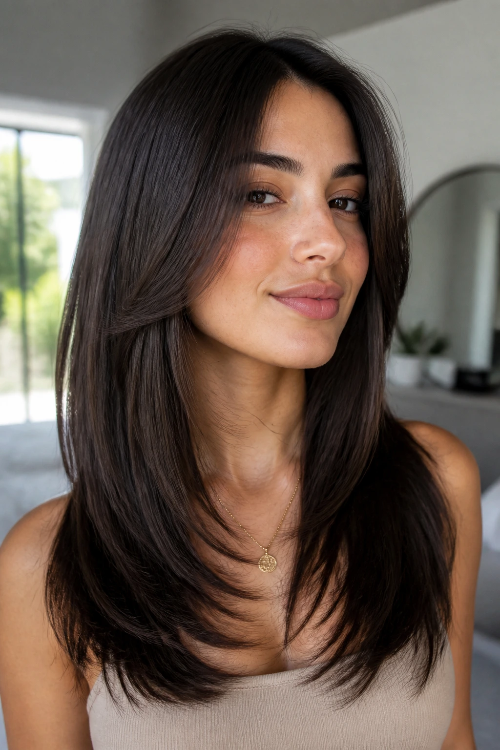 Portrait of person with invisible-layer butterfly shag and smooth top