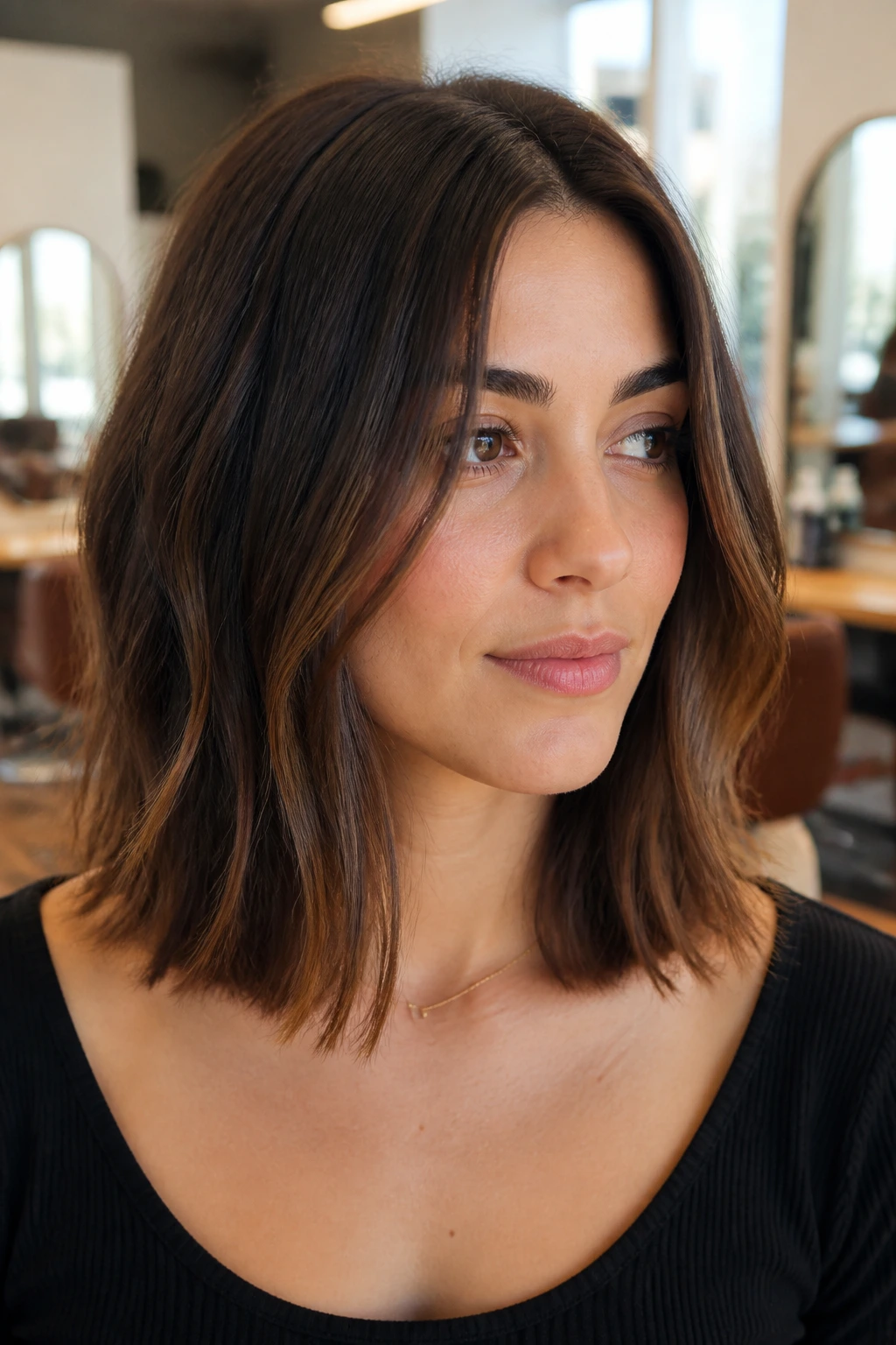 Close-up of a real woman with invisible-layer clavicut at collarbone length