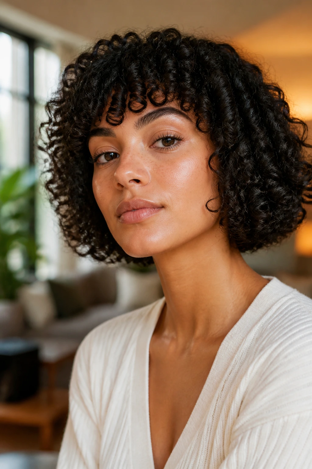 Close-up of a real woman with invisible-layer curly bob