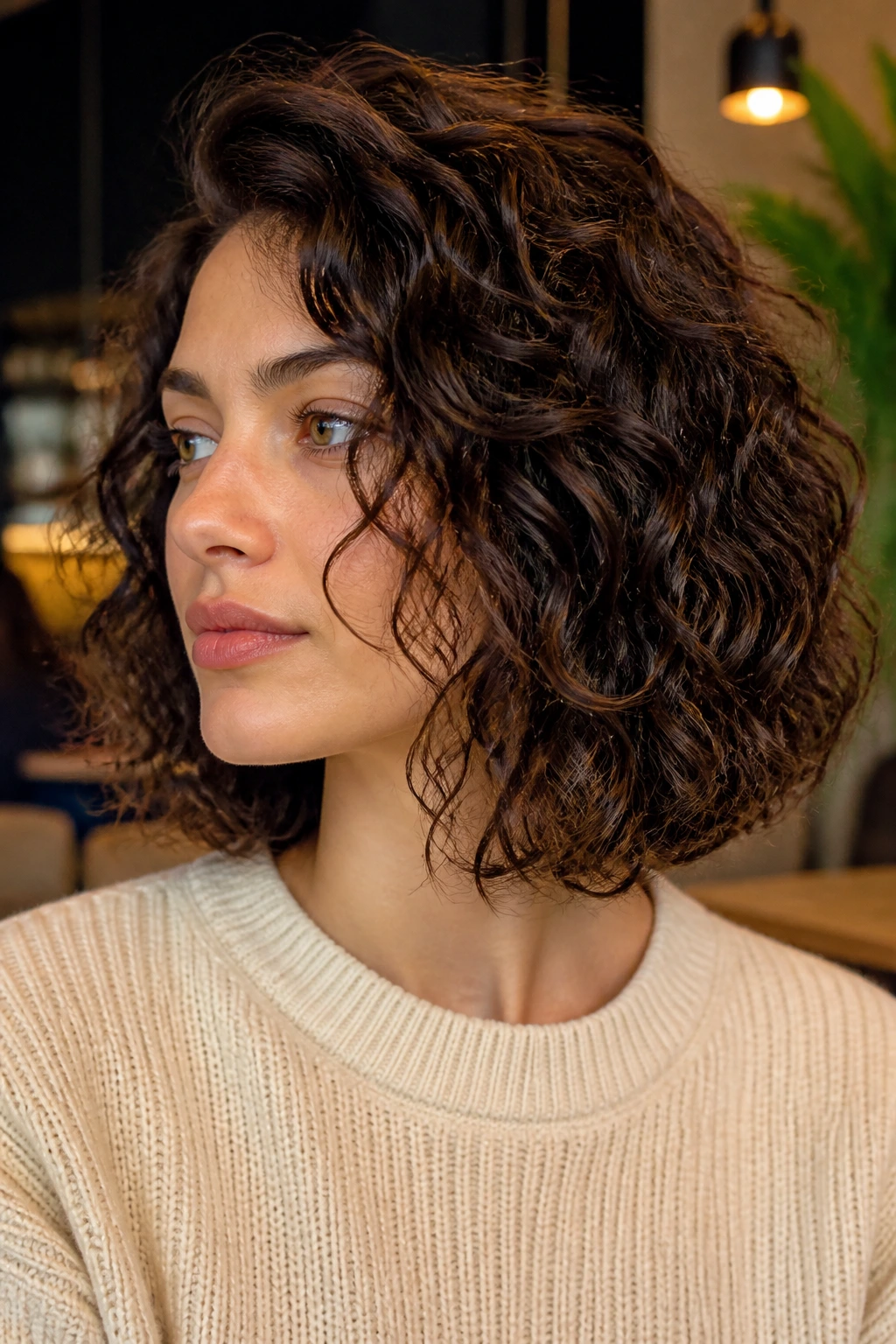 Close-up of a real woman with an invisible-layer curly lob showing smooth perimeter and crown lift