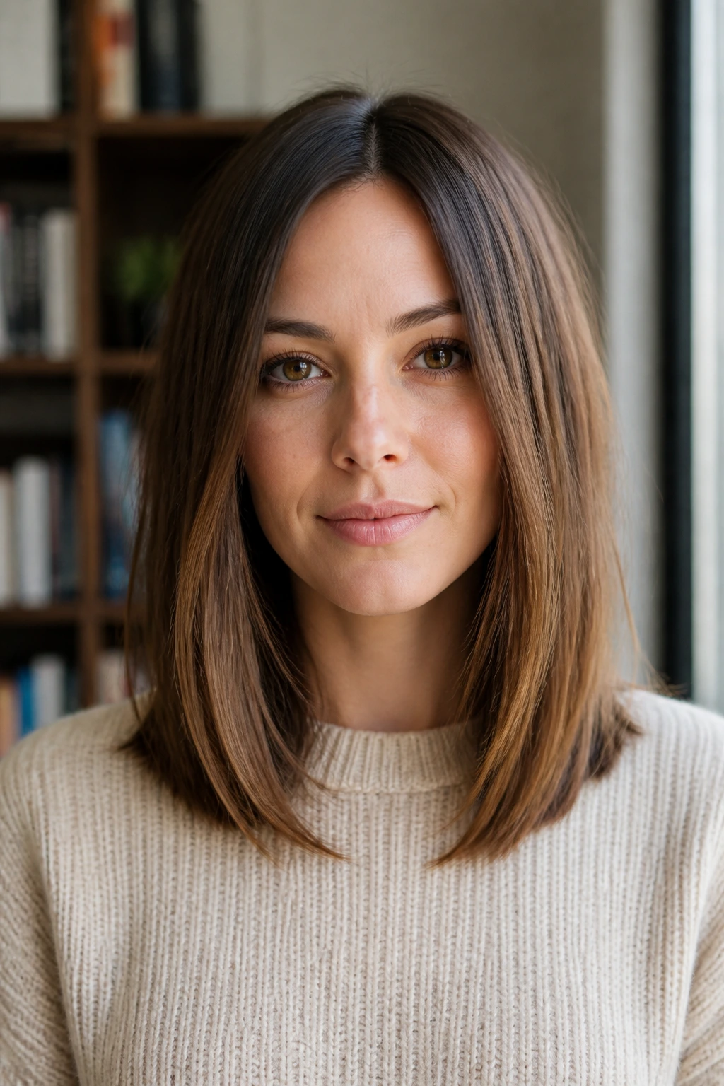 Front close-up of a real woman with an invisible-layer lob