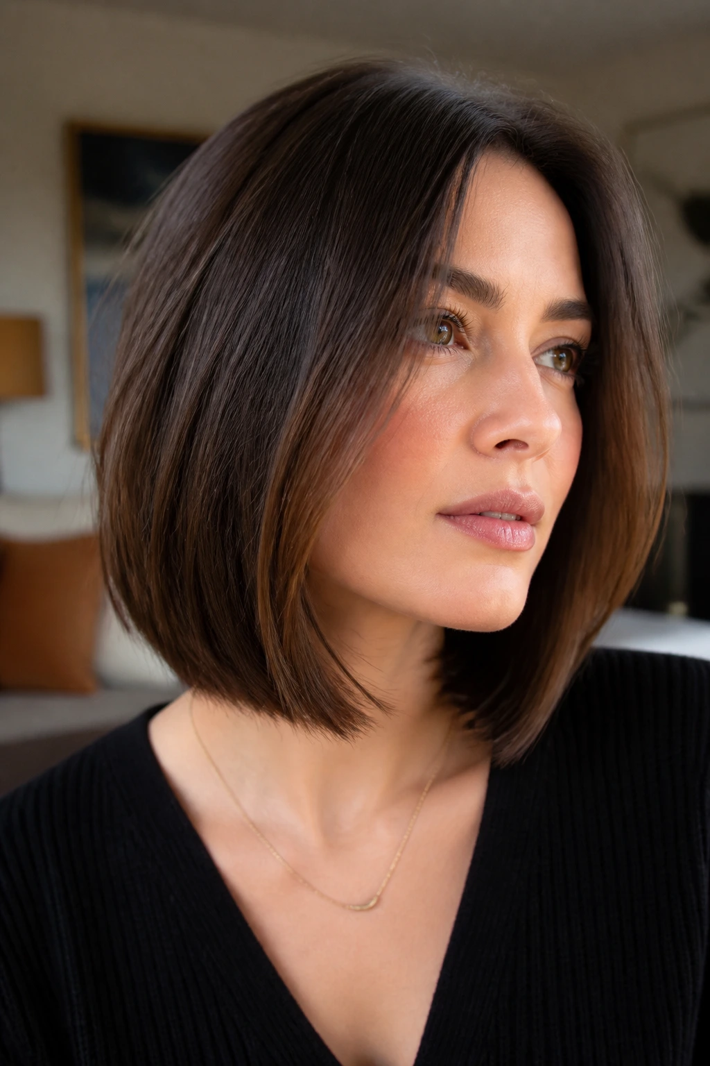 Real woman with invisible-layer lob showing hidden interior lift while the edge remains blunt.