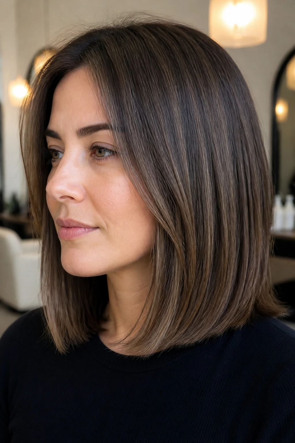 Close-up of a real woman with invisible-layer lob and lifted crown