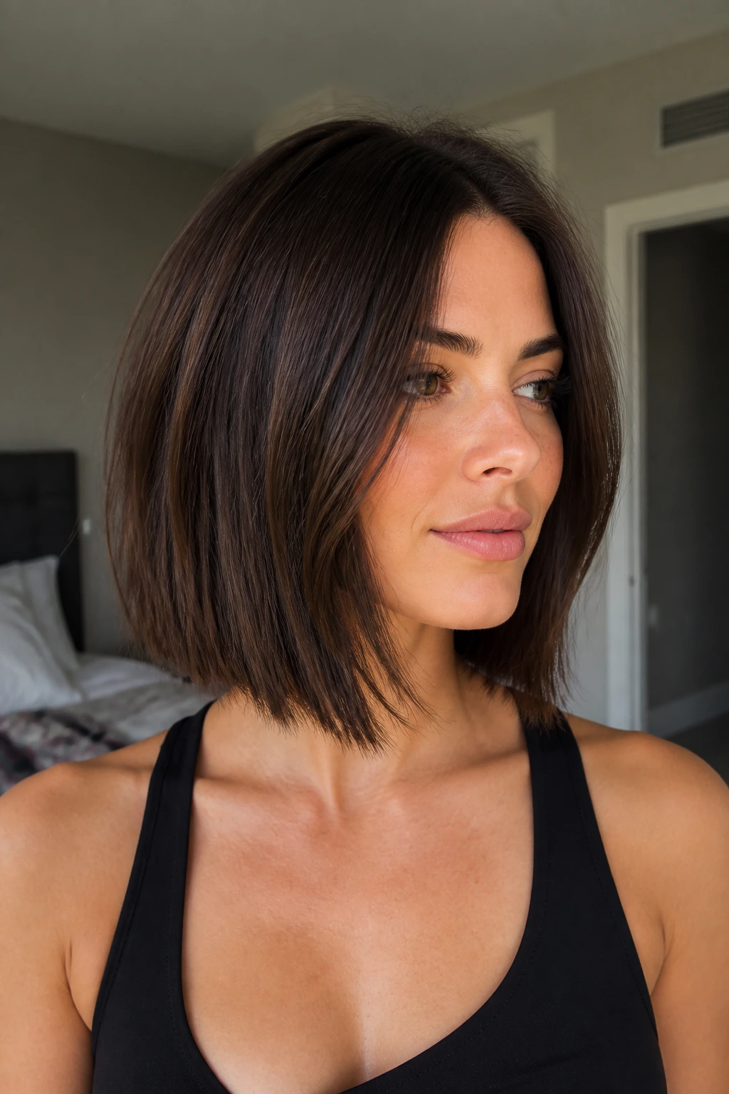Real person with invisible interior layers in a shoulder-length lob in morning light